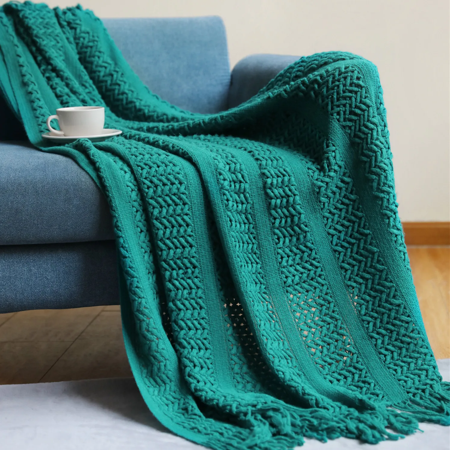 Nordic Vintage Green Cotton Knitted Blanket Thread Leisure Blanket