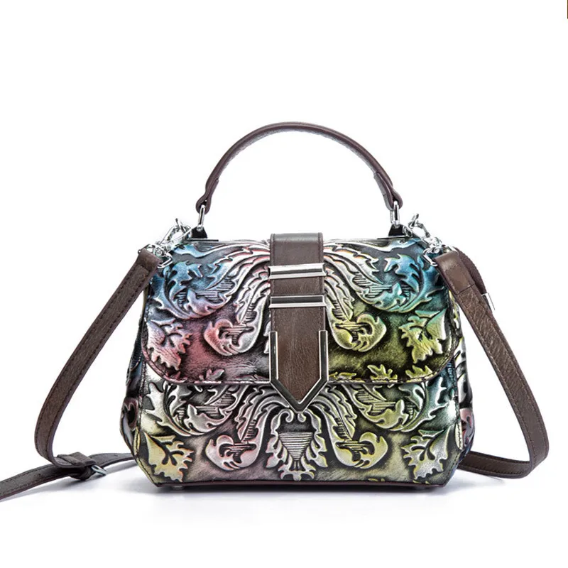 New Womens Luxurious Flower Embossed Handbag Genuine Leather Shoulder Bag Tote 