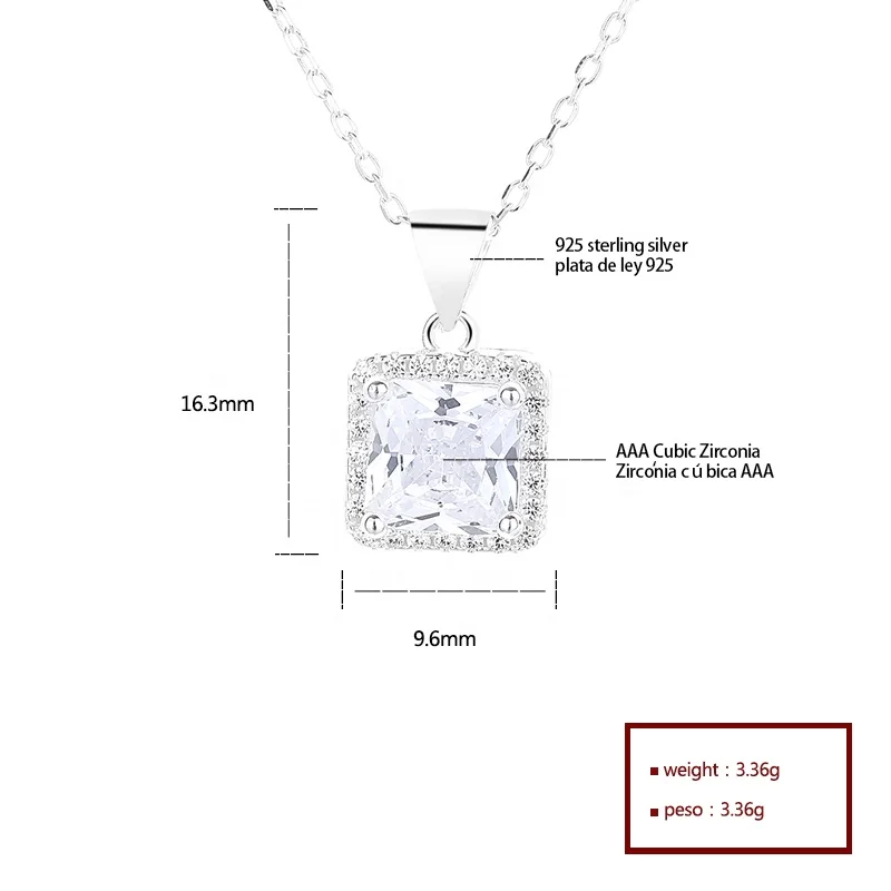 New Design Classic Customizable Square Diamond Cut Crafted Crystal 925 Sterling Silver Necklaces for Women