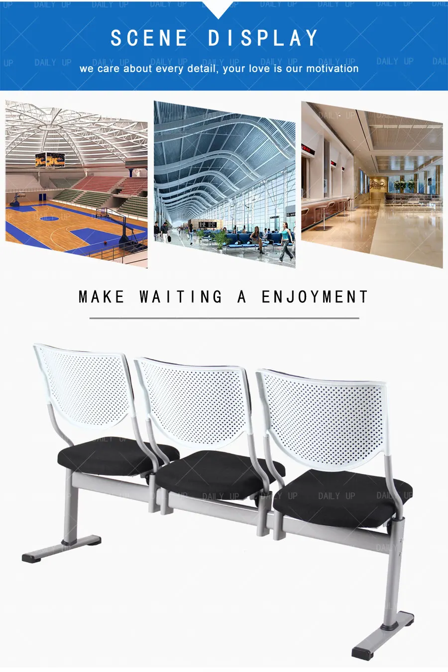 Foldable Padded Waiting Chair Upholstered Public Bench Beam Seating For Hospital Train Station Stadium Library Airport
