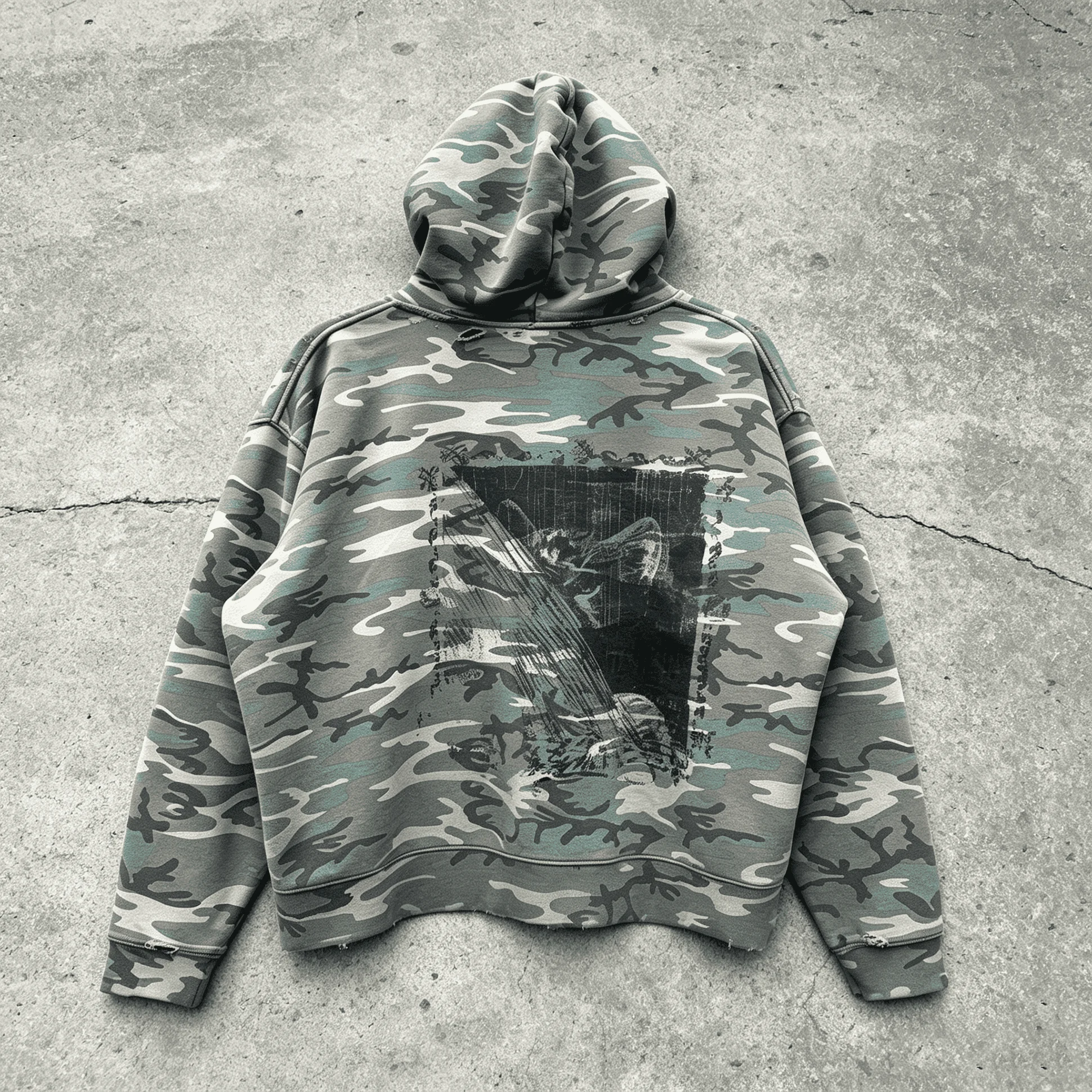 Custom Vintage Washed Camouflage All Over Print Full Zip Heavyweight Cotton Distressed Streetwear Hoodie Men