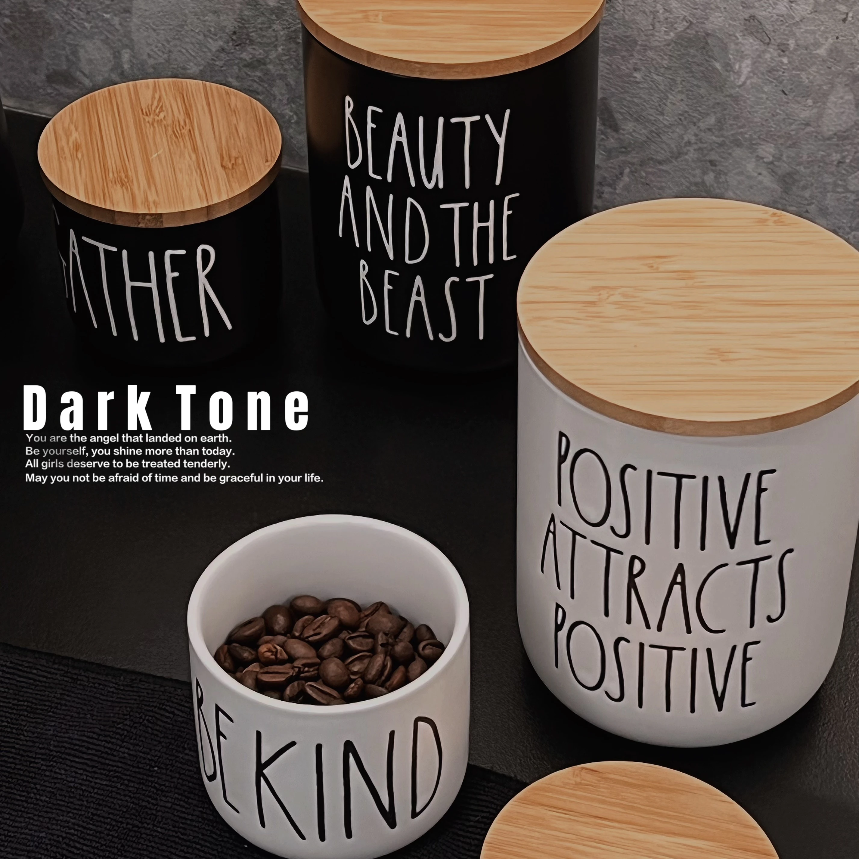 Modern Kitchenware White Black Coffee Tea Jar Porcelain Canister Sets Ceramic Storage Jar with Airtight Seal Wooden Lid