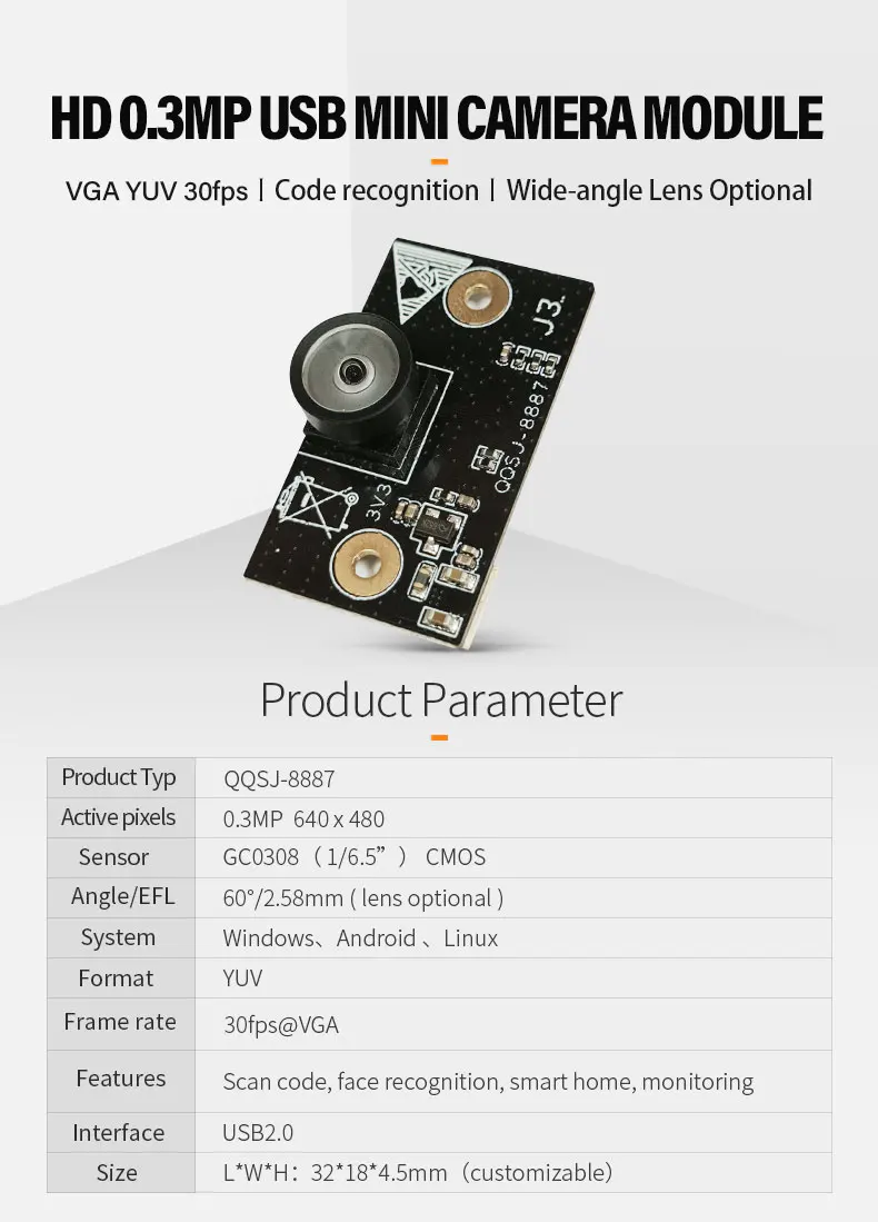 DGZX VGA Dynamic Eye-Tracking Camera Iris Recognition GC0308 0.3MP USB Plug-and-Play Module插图