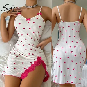 Women's Casual Summer Pajamas Heart-Shaped Print on Elastic-Waist Camisole Skirts with Lace Slit ODM Home Clothes