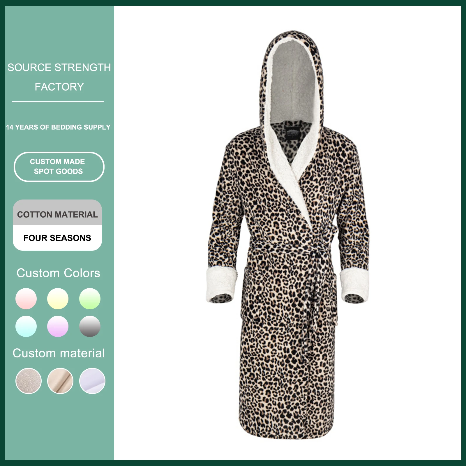Factory Custom Amazon Leopard Print Satin Pajamas Knee-Length Hooded Bathrobe Quick Dry for Home or Sleepwear in Winter