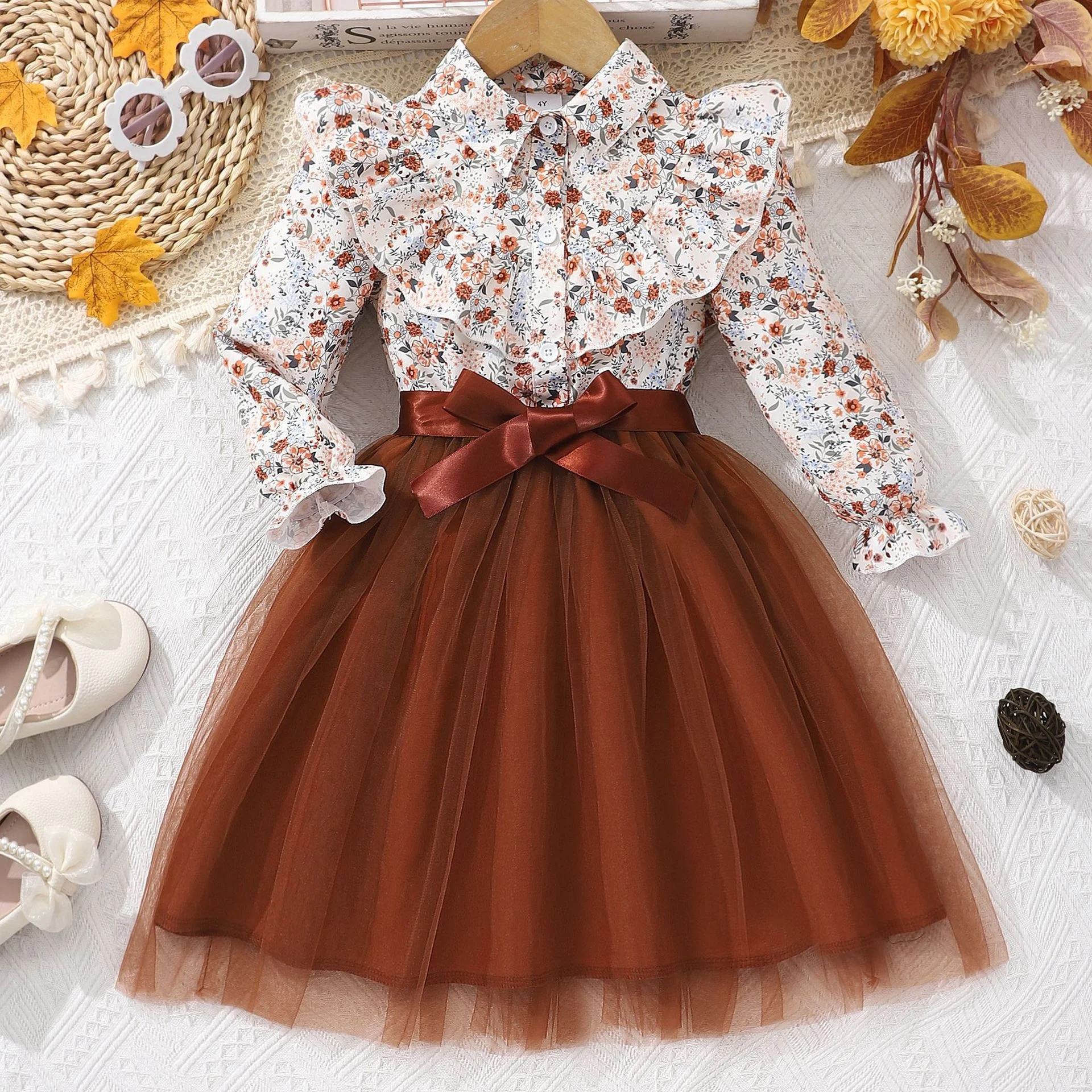 Spring and Autumn Flying Sleeves Long Sleeved Printed Dress New Product Children's Flower Mesh Dress Girl Princess Dress