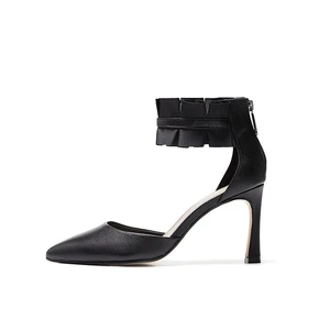 Black Leather Ankle Strap Pumps Ruffle Accent Stiletto Heel Sweet Elegant Office Date Dinner Party Comfort Wholesale OEM ODM
