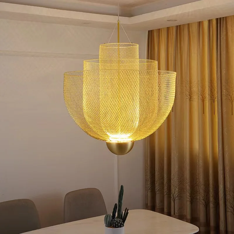 Iron Art Mesh Chandelier Metal Grid Pendant Light Italy Design Led Hang Lamp for Dining Room Restaurant