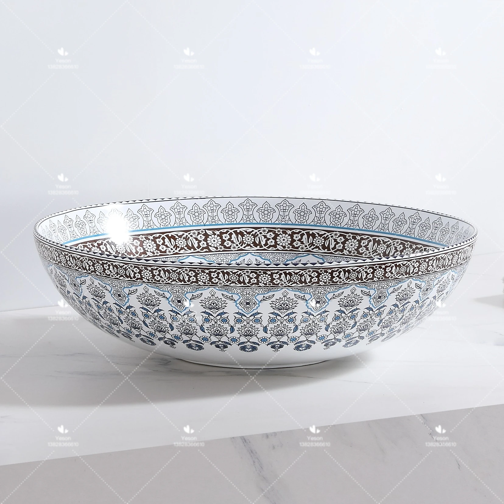 Full Flower Pattern Round Shape Porcelain Countertop Hand Wash Basin Ceramic Table Top Lavabo Art Sink for Bathroom