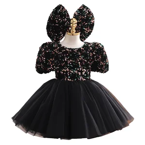 OEM ODM Sequined Tulle Dresses Puff Sleeve Luxury Party Dresses Elegant Black Girls Princess Dress