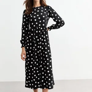 Autumn Modest Style Women's Long Sleeve and Elasticated Cuffs Slim Black Spotted Midi Smock Dress