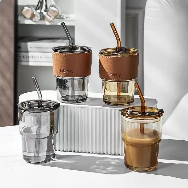 Modern and Classic Style Glass Coffee Cup with Lid and Straw Eco-Friendly and Sustainable for Tea Drinkware