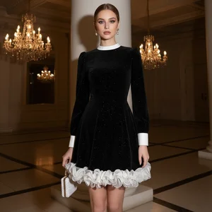 ZYHT 9992 Black Glitter Velvet Mini Dress with Contrast White Collar & Cuffs Puff Long Sleeves & Ruffled Hem Dresses for Women