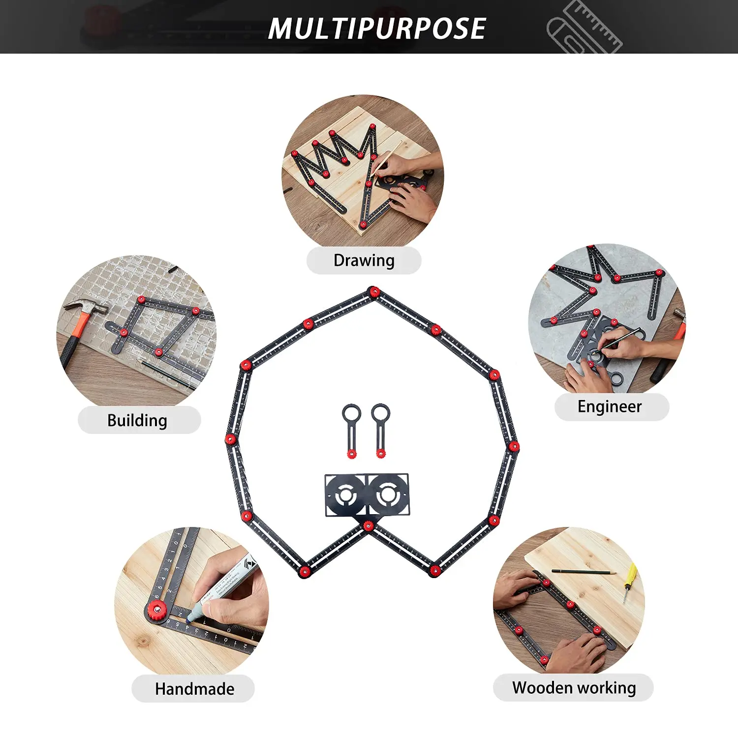 Aluminum Multi Functional Sided Angle Adjustable Tool Tile Measuring Tools 12 Folding Ruler