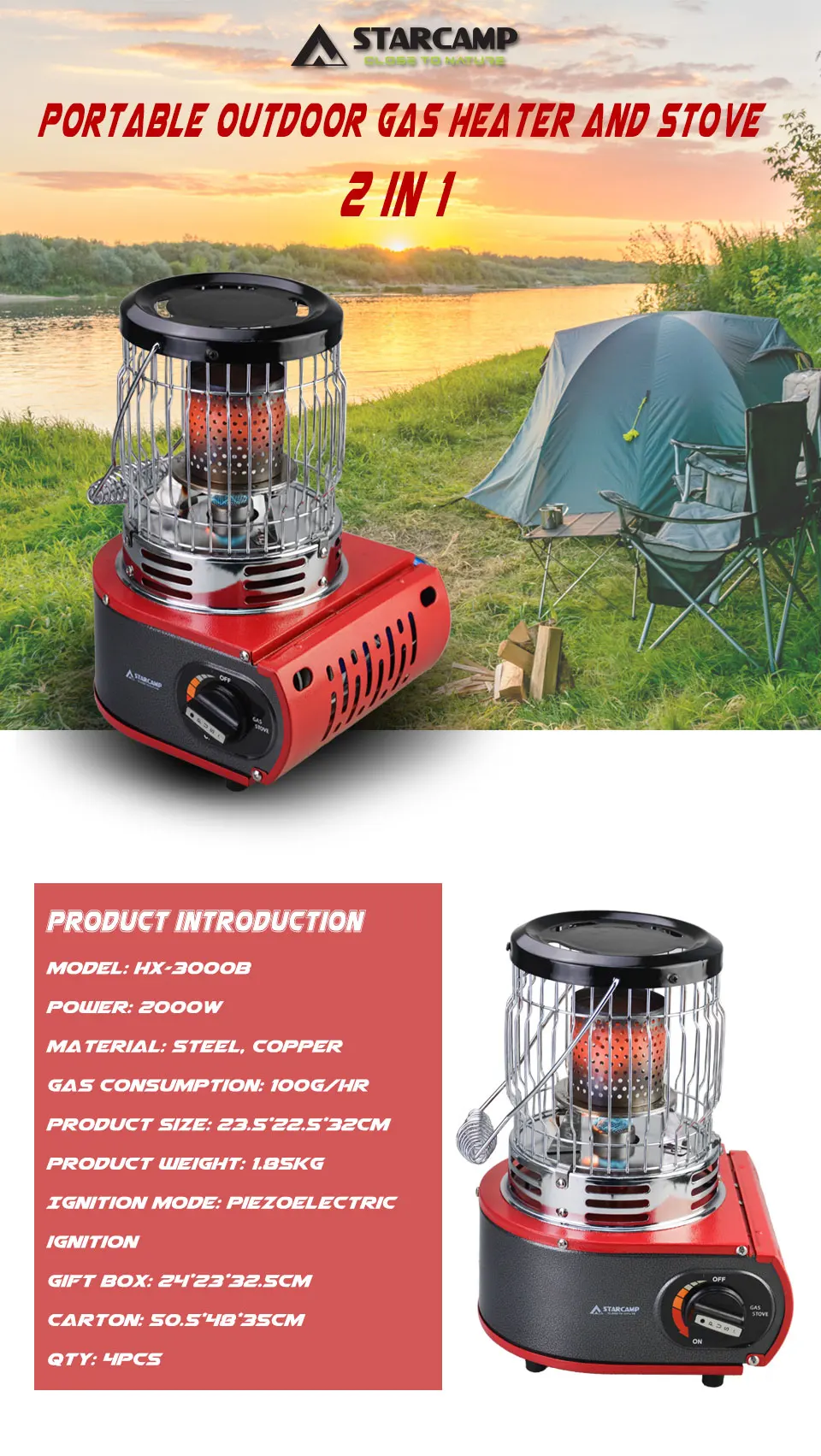 Starcamp Outdoor Portable Camping Butane Gas Heater And Stove 2 In 1