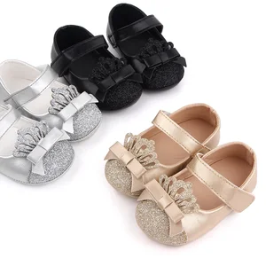 Shiny Solid Color Glitter Crown Bow Decorated Infants Princess Shoes for Baby Girls