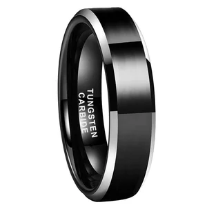 Coolstyle Jewelry Dropshipping 6mm Beveled Polished Black Tungsten Finger Ring for Men Women Fashion Engagement Wedding Band
