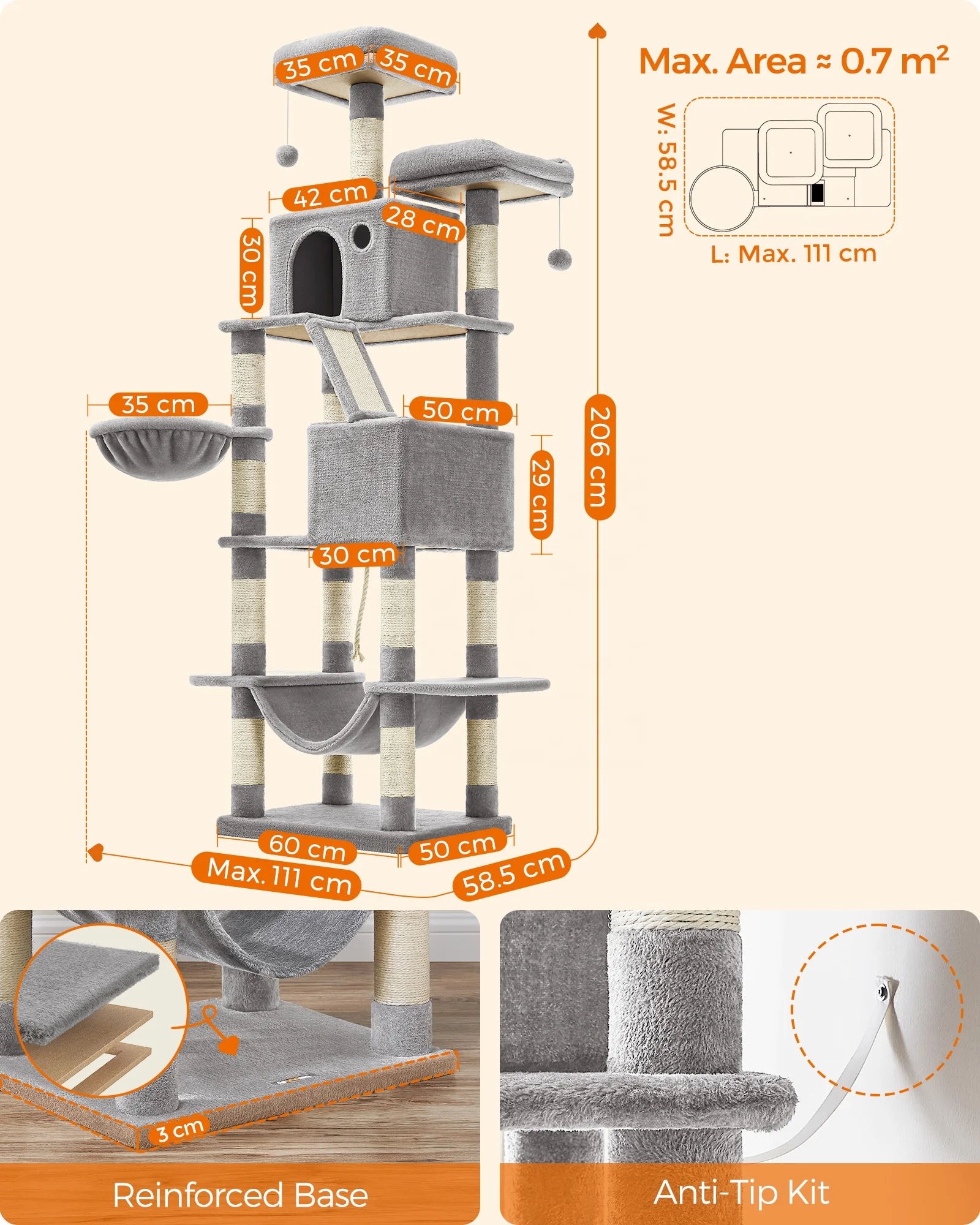 Feandrea Multi Level  Cat Tree Condo for Indoor Cats 206 cm Large Cat Tower with 13 Scratching Posts