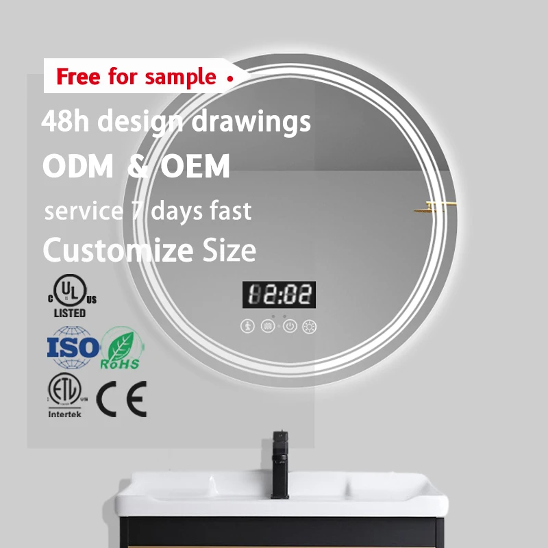 Best Sale Round Luxury LED Bathroom Mirror TIME CLOCK Memory Function Tempered Glass Smart Circle Mirror