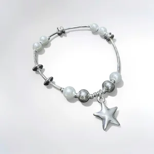 Women's Fashion Bracelet with Silver Tone Star Charm Faux Pearl Beads Unique Adjustable Wire Design Trendy Daily Wear Jewelry