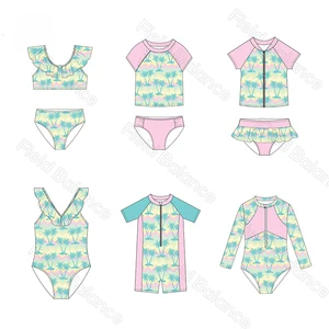 AD Private Label OEM One Piece Little Girls Swimwear Solid Ruffled Kid Swimsuit Baby Swimming Suit Children Bathing Suit