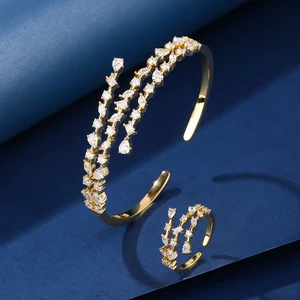 Vintage Inspired Zircon Bracelet & Ring Jewelry Set Brass Rhodium Plated Retro Bridal Wedding Gift for Women