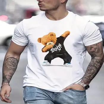 Breathable Plain T-Shirt Street Casual Fashionable Fun Bear Print Clothes for Men