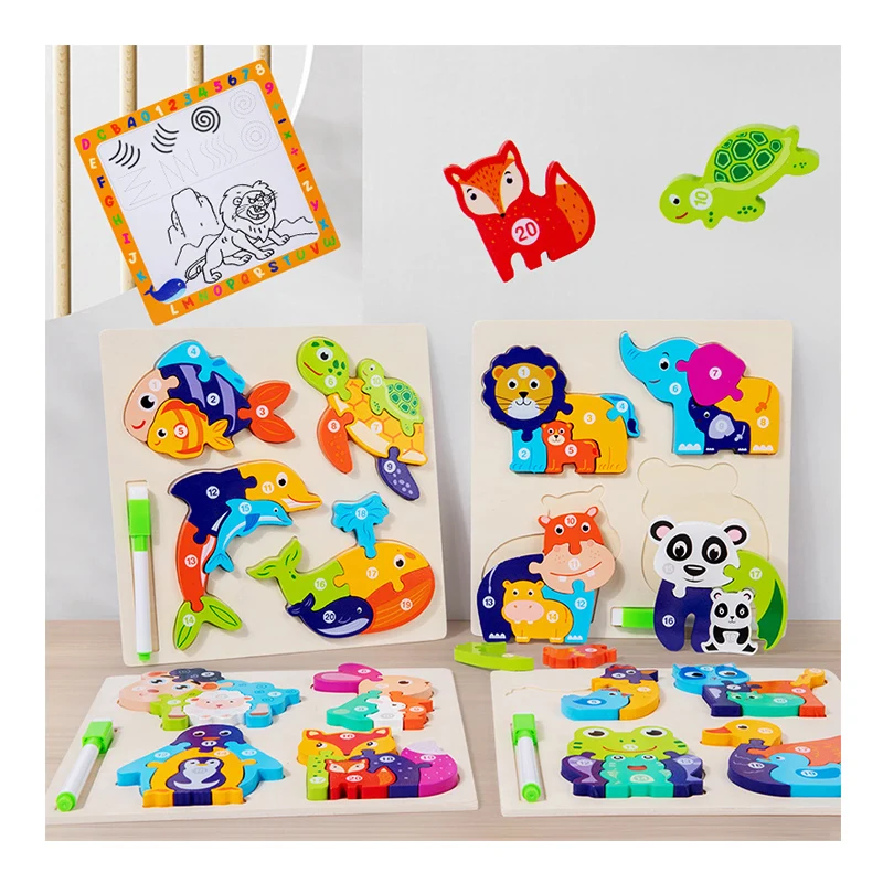 Children's Montessori Wooden 2 in 1 Animal 3D Puzzle Early Education Cartoon Jigsaw Puzzle with drawing board