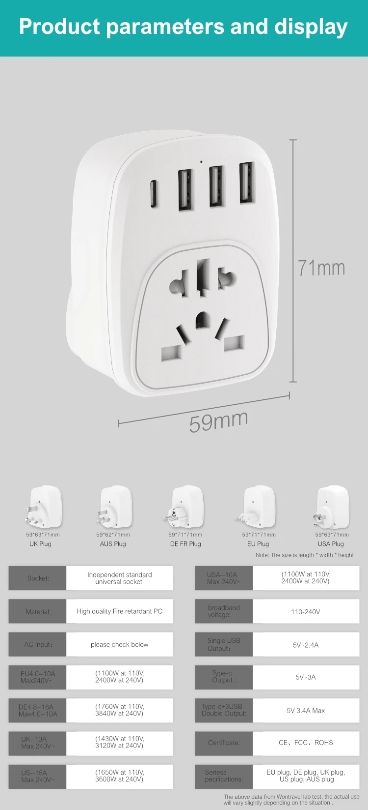 Wontravel Germany France Travel Adaptor Grounded 4 in 1 Euro Power Plug European Plug Adapter with 3 USB Outlet