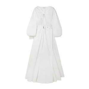 Clothing Manufacturer Custom Spring Autumn White v Neck Long Sleeve Tunic Elegant Casual Women Dress
