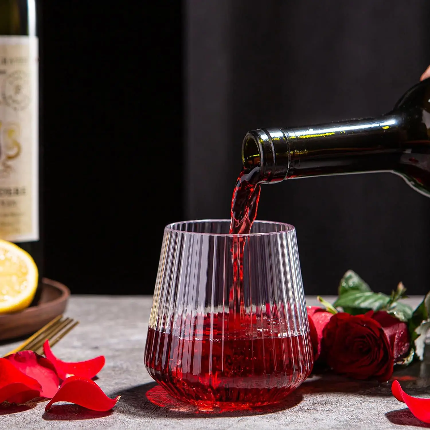 14Oz Disposable Unique Stemless Plastic Ribbed Drinking Vintage Wine  Glasses for Champagne Dessert Catering Weddings