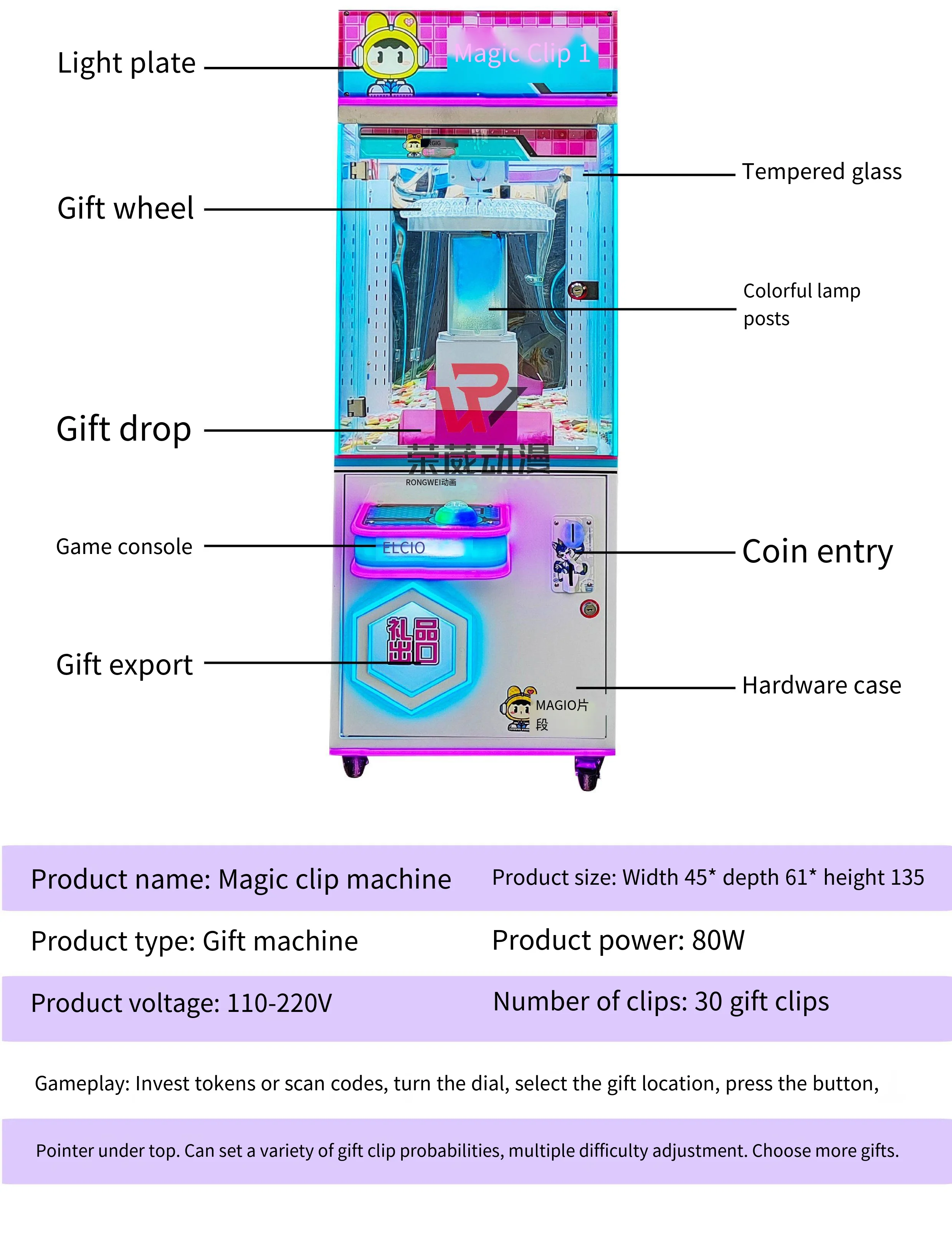 Wholesale Coin Operated Gift Game Machine Free Spins Clip Sticker Card Arcade Clip Doll Machine for Sale  Clip Prize Machine