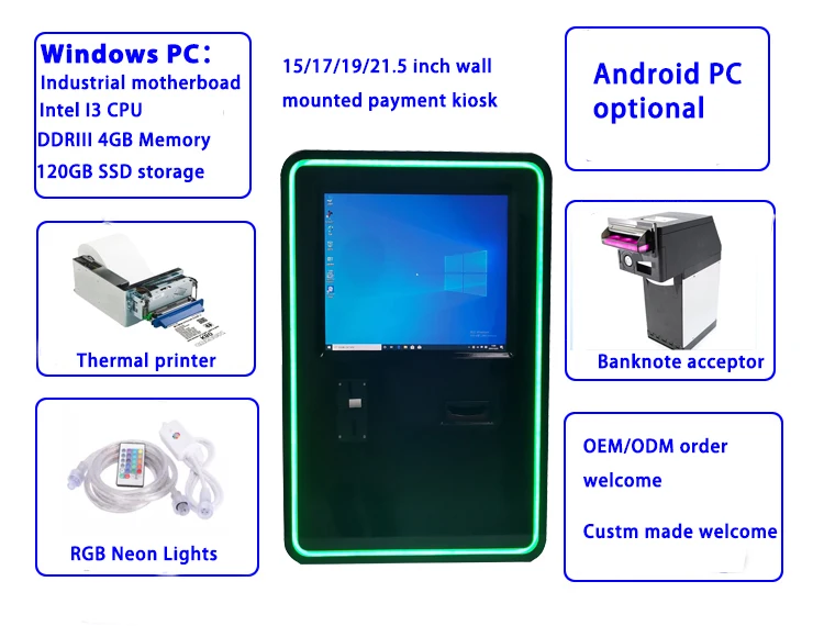 Custom Android Self Service Wall Mounted Kiosk Touch Screen Cash