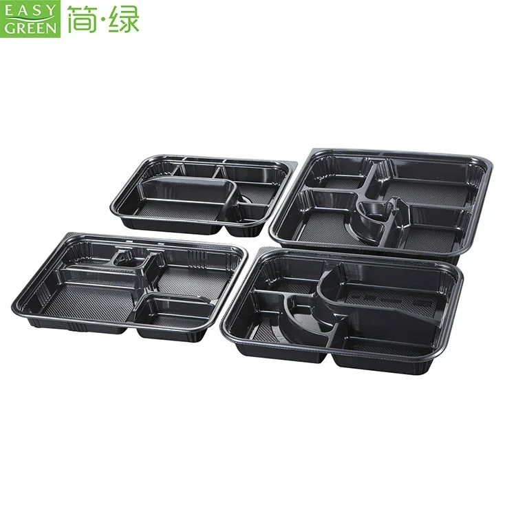 Plastic Disposable Lunch Box with 5 Compartment Black Color Takeaway Bento Box with clear Lid