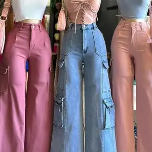 Women's Casual Vintage Multi-Pocket Cargo Trousers Loose Fit Denim Jeans Mid Waist Logo Button Boyfriend Style Wholesale