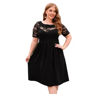 2026 Hollow Lace Casual Loose Plus-Size 100% Polyester Eco-Friendly Empire Waist Fashion Pleated Short Sleeve Midi Dress Women