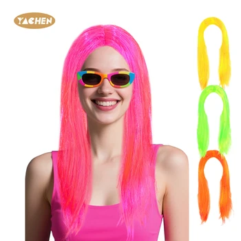 YACHEN Neon Pink Yellow Green Long Straight Wigs Costume Neon Party Wigs for Women Girls Birthday Halloween Party Decorations