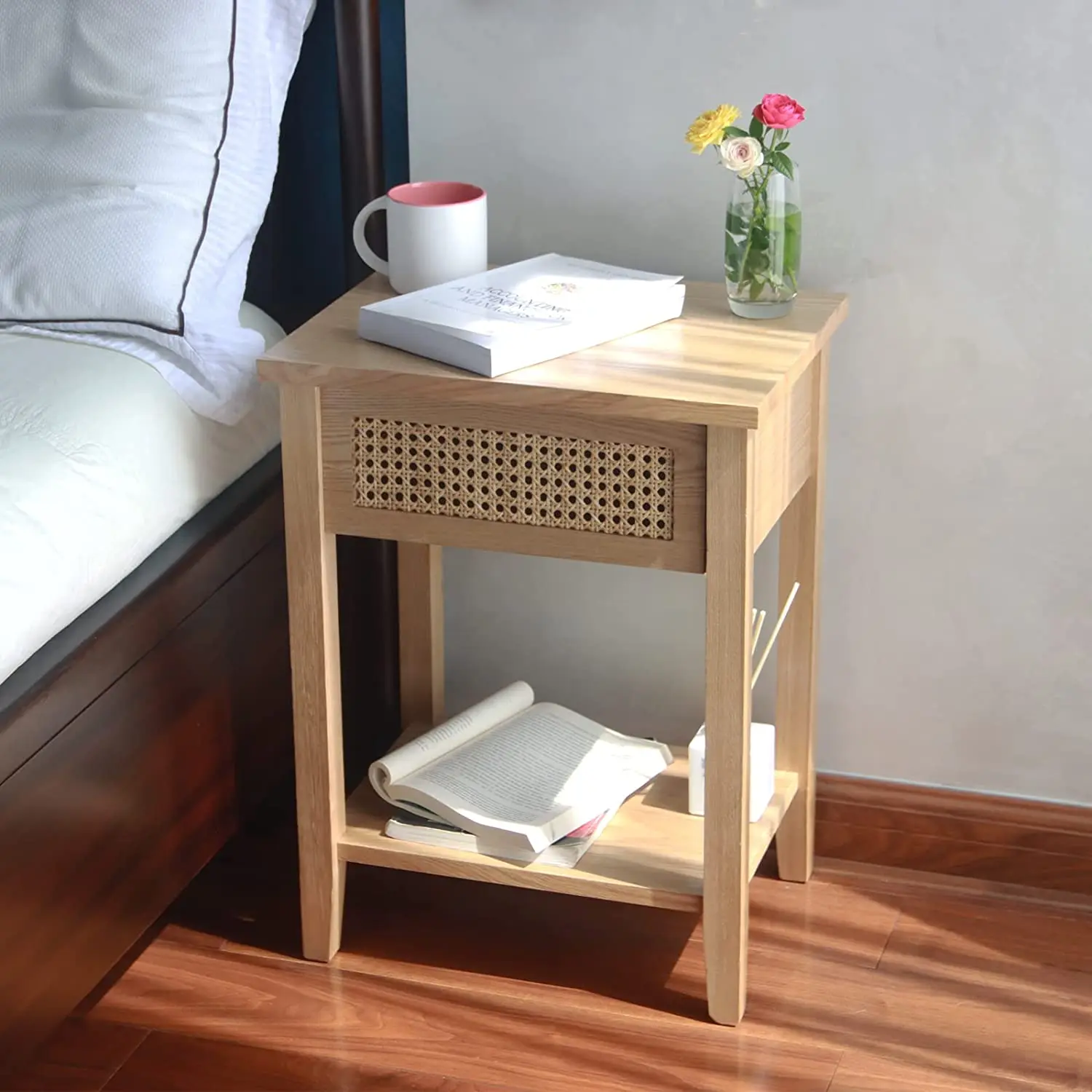 Natural Small Rattan Drawer Nightstand with Drawer and Shelf Rattan Side Table Bedroom