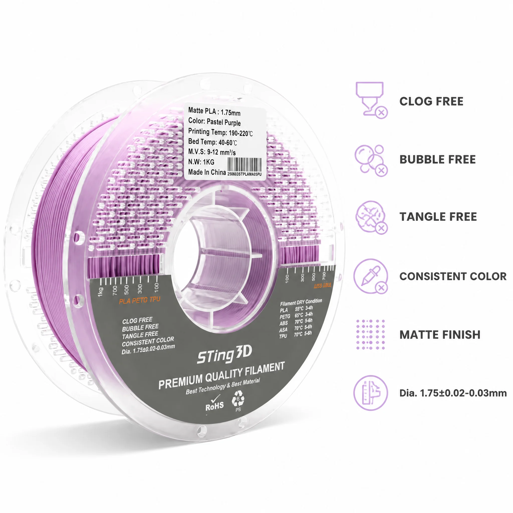 Sting3D Hot Selling  Matte/Pastel Color Pla Filament 175mm 1kg Plastic 3d Printing 175mm Pla Filament