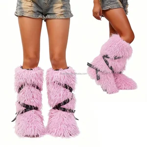 BUSY GIRL RS9251 Pink Custom logo Labels for Women Boots Fur Shoes Retro Fashion Style Knee-high Boots for Ladies