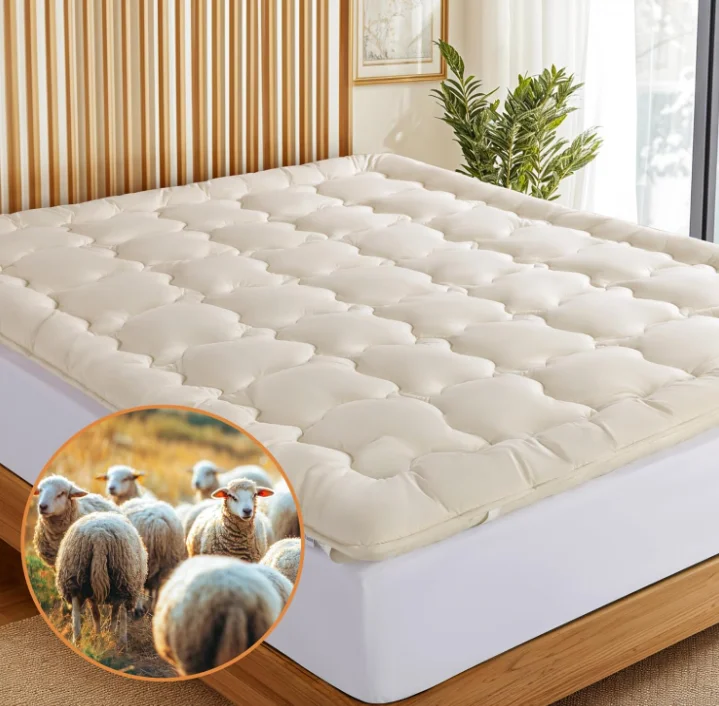 Premium Breathable Skin Friendly Cotton Fabric Soft Organic 100% Merino Wool Filling Mattress Topper with Elastic Bands