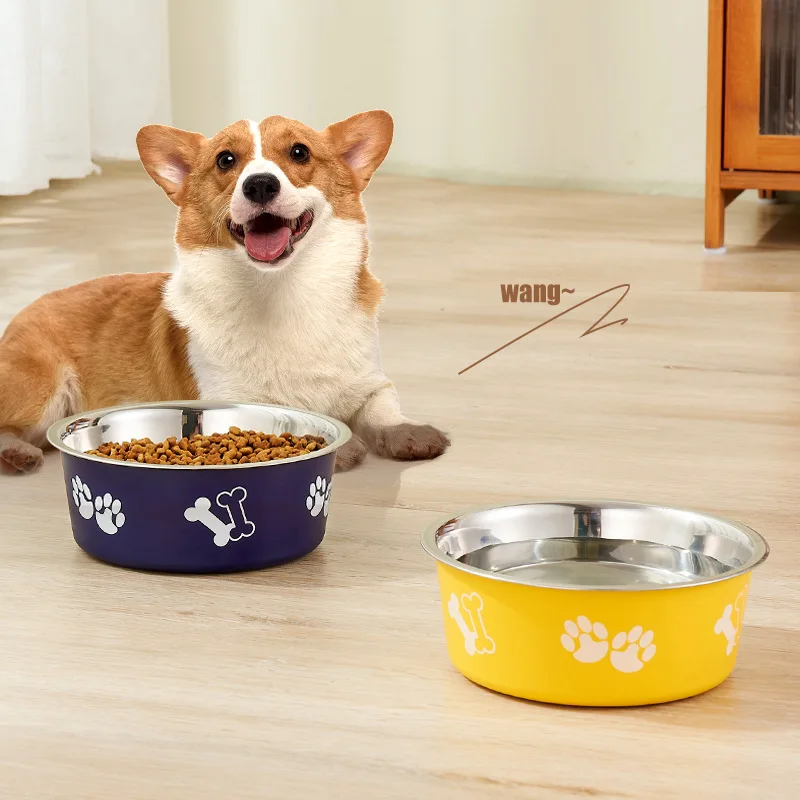 Pet Paw Bone Printing Anti-drop Stainless Steel Bowl Feeders Anti-slip Rounded Cat Dog Bowl Pet Feeding Products