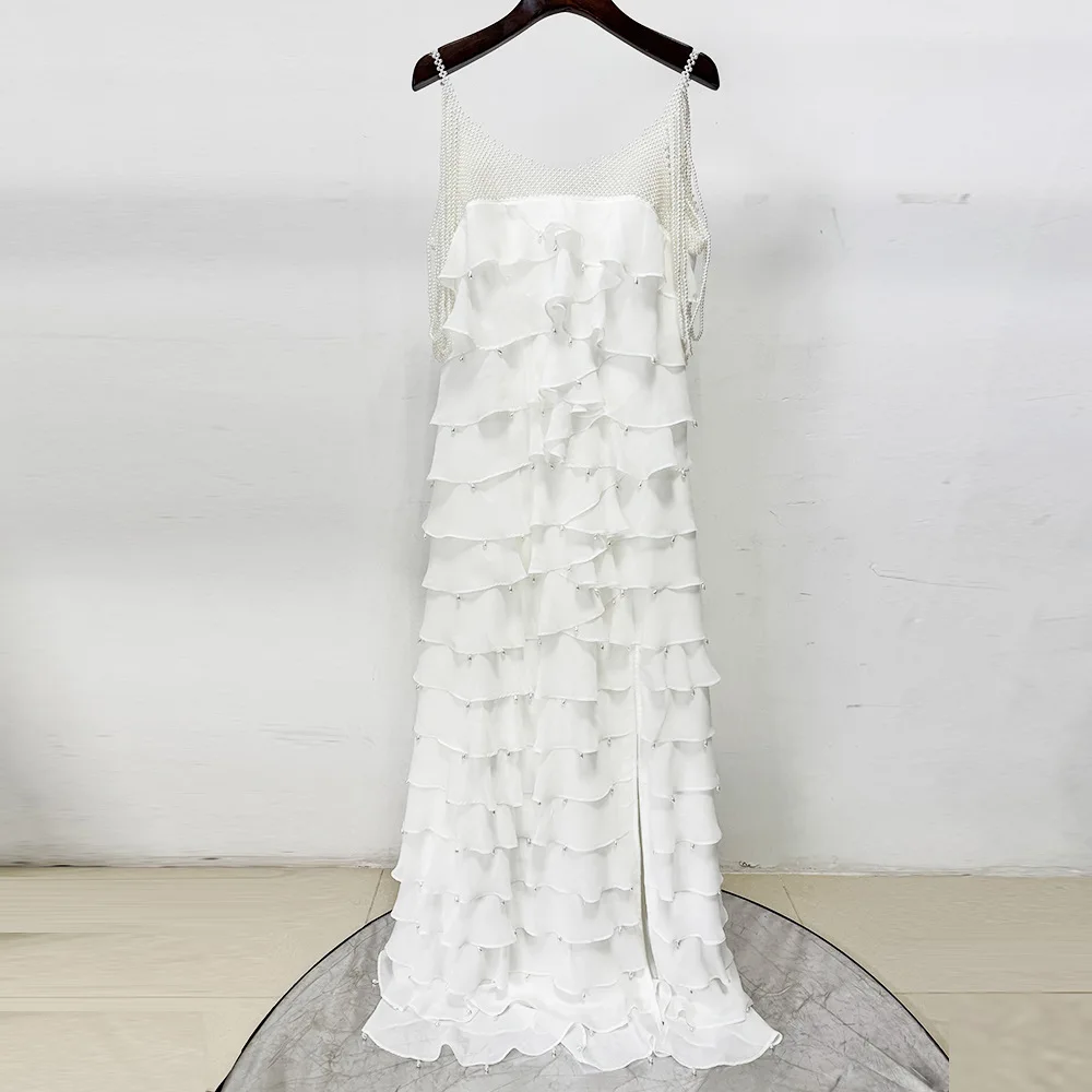Elegant White Beaded Pearl Chain Strap Tiered Chiffon Maxi Dress Ruffled Evening Party Dresses With High Slit