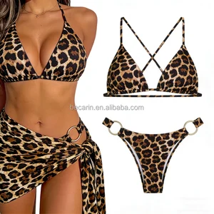 Hot Sale Custom Printed Triangle Bikini Quick Dry Three-Piece Swimwear Removable Padded Mesh Skirt Thongs Bottom Plus Waist