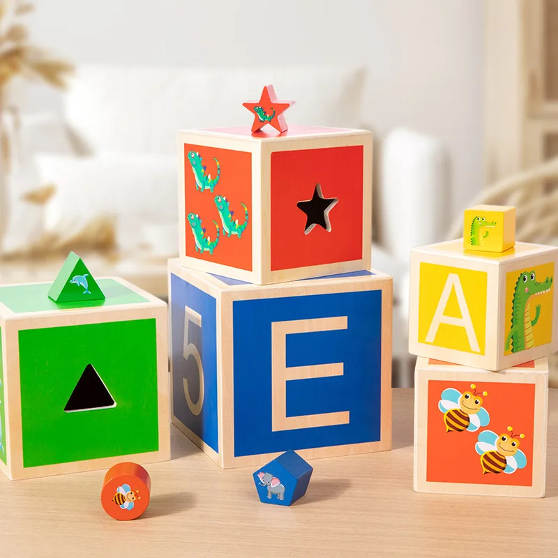 Montessori-Materialien Stapelbare Boxen, Lernwürfel, Bausteine für 2 Jahre alte Babys, Frühkindliche Lernspielwaren zum Sortieren und Stapeln
