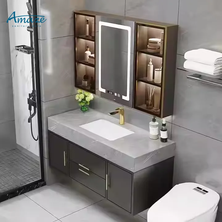 AMAZE Modern Plywood Vanity Wall-mounted Wash Basin Cabinet with LED Smart Mirror for Home or Hotel WC Bathroom Vanitiy Sink