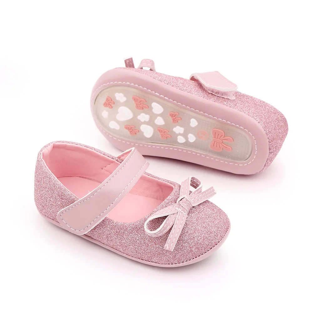 Spring and Summer New Sparkling Solid Color Glitter Bow Baby Girls Princess Walking Shoes supplier