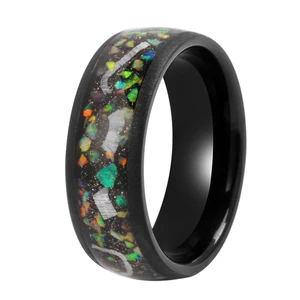 Meteorite and Galaxy Opal Inlay Dome Black Sanblasted Mens Tungsten Ring Opal Tungsten Ring Rainbow Color Mens Tungsten Ring