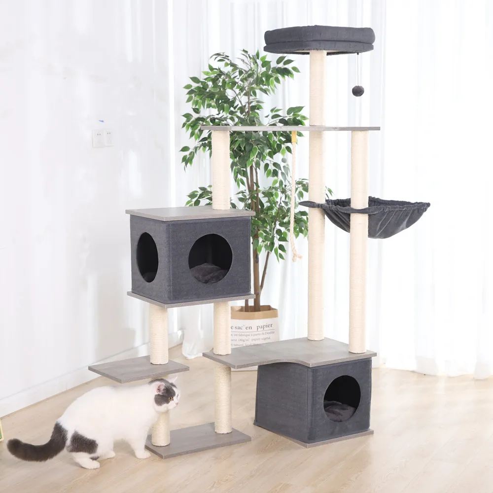 させる マルチレベルモダングレーハイグレードキャットタワー家具木製猫コンドスクラッチポストツリー - Buy Gray Cat Tower