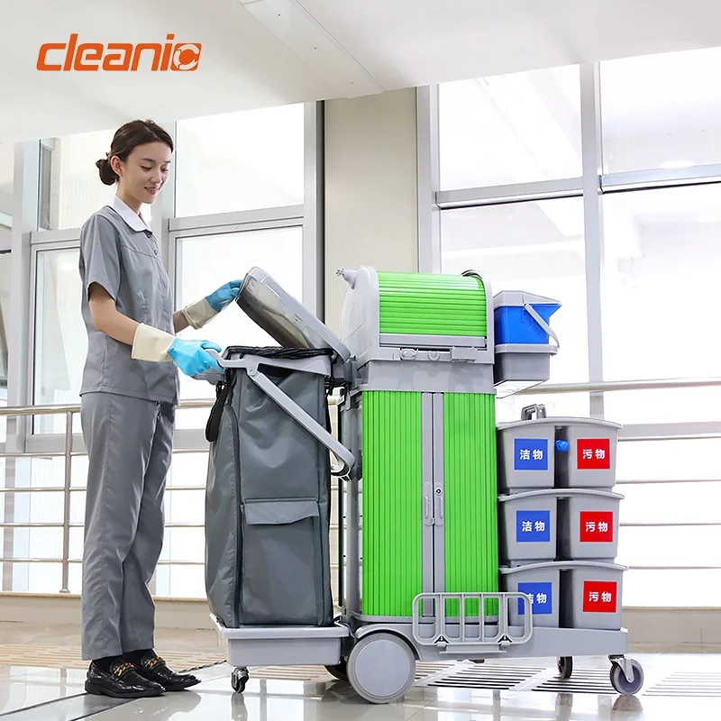 Full Set Multi-Purpose Multifunction Cleaning Trolley for Hospitals with Bucket Duster Flat Spray Mop Broom